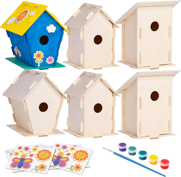 DIY 12 Wooden Bird House Kits - Creative Arts and Crafts Set for Kids and Adults - Unfinished Wood Birdhouses with Paint Strips, Brushes, Stickers and Strings - 3 Unique Shapes, 2 Sizes