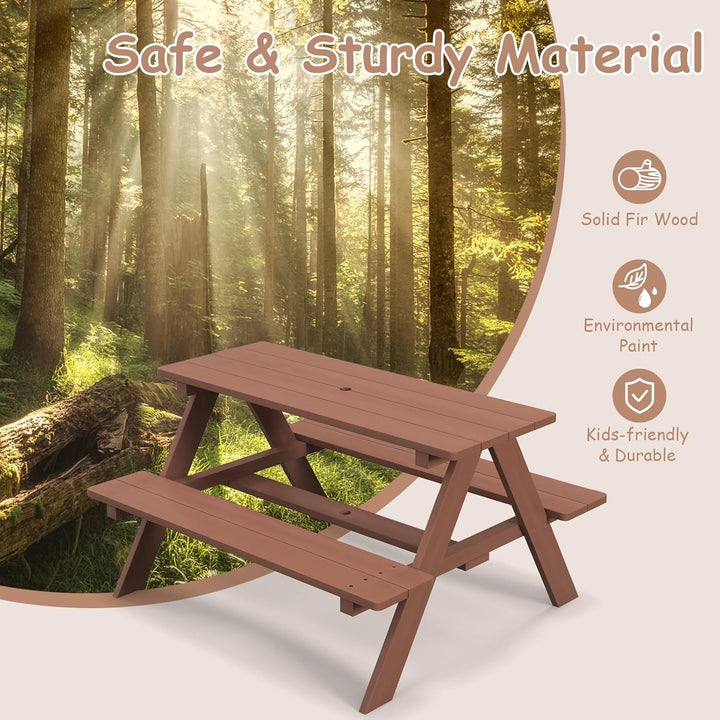 Kids Picnic Table, Outdoor Toddler Wooden Table and Chair Set with Removable Umbrella, Children Activity Furniture Bench Set for Patio Garden Backyard