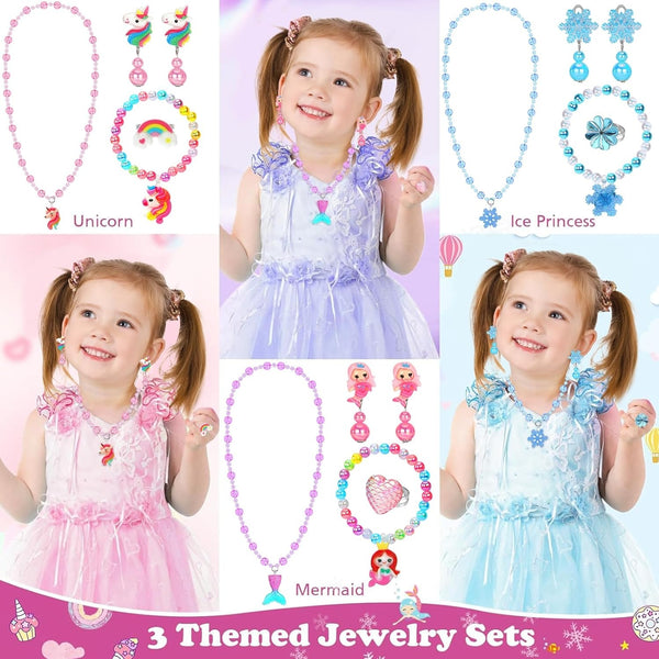 Girls Jewelry Set 3 Piece Princess Toys | Jewelry Set with Beaded Necklace for Gilrs - Toddler Bracelets and Girls Ring | Toddler Girl Toys | Kids Jewelry for Girls | Princess Dress up Ages 3+