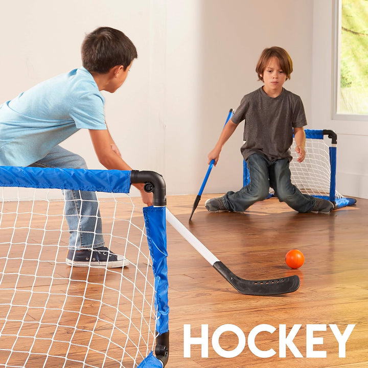 Indoor Mini Goal Sports Set - 3 in 1 Kids Indoor Goal Set - Indoor Mini Floor Hockey, Knee Hockey, and Mini Soccer Set for Kids, Blue, 22 X 17.5-Inch
