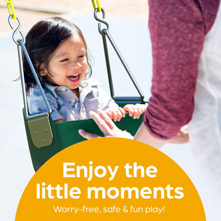 Baby Swing Outdoor - Heavy Duty Toddler Swing Set Accessories, High Back, Full Bucket Seat with Coated Chains for Outdoor Use - Fully Assembled - Green