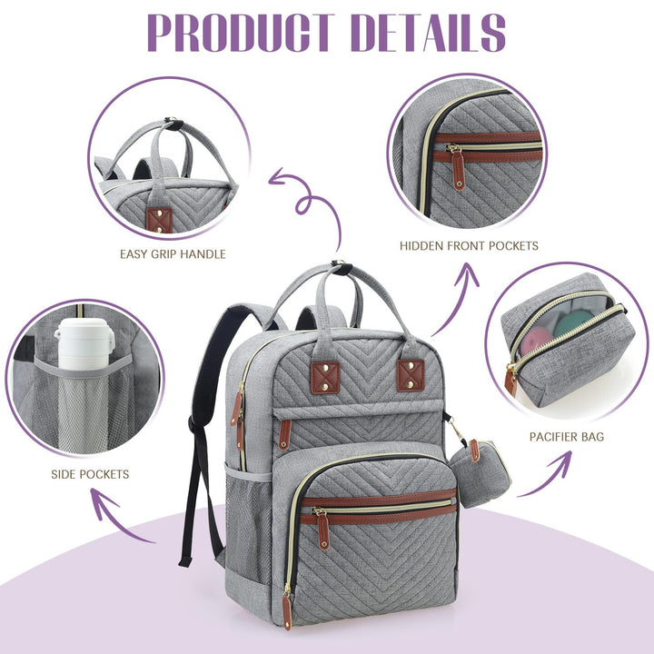 Diaper Bag Backpack, Baby Essentials Travel Tote Bag, Multi Function Waterproof Backpacks, Travel Essentials with Stroller Straps & Pacifier Case - Grey