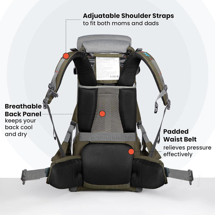 Baby Backpack Carrier, Ergonomic Child Carrier Hiking with Sun Canopy, Safe Toddler Hiking Backpack Carrier with Large Storage Space&Insulated Pocket, Adjustable Padded Child Seat