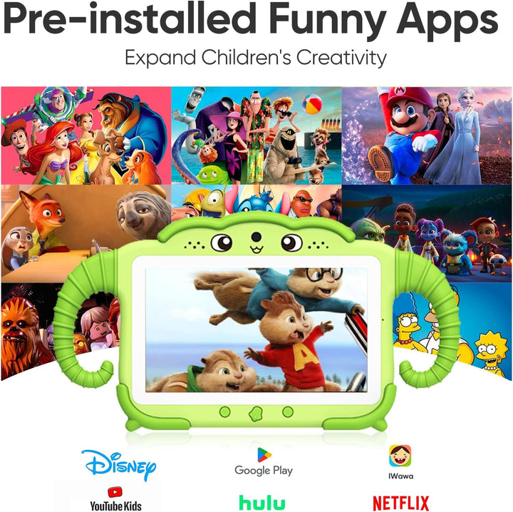 Kids Tablet 7 Inch Toddler Tablet for Kids 2GB + 32GB Android System with Wifi Dual Camera Shockproof Case Child Learning PC with Parental Control, Preinstalled Educational Games, Green