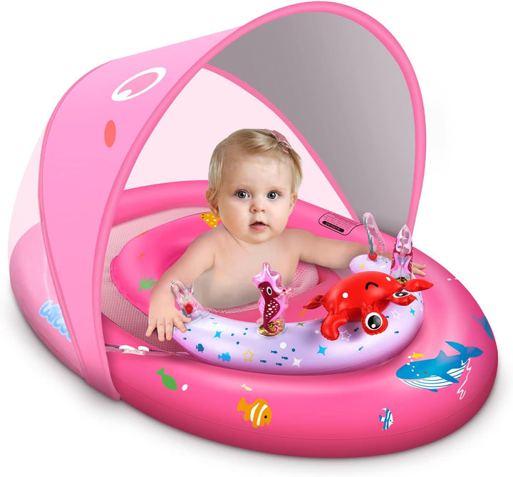 Baby Pool Float with UPF50+ Sun Protection Canopy and Toy Play Console for Infant, Toddler, Adjustable Safety Seat for 3-36 Months