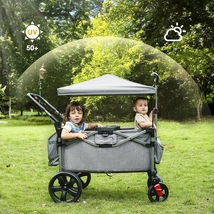 Foldable Wagons for Two Kids & Cargo, Collapsible Folding Stroller with Adjustable Handle Bar,Removable Canopy with 5-Point Harness Gray
