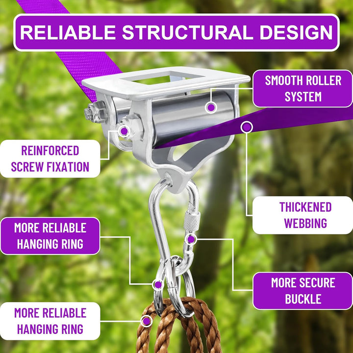 Zip Ine Kit for Kids Outdoor,Stainless Steellackline Pulley Slider with Swing Seat Zip Line,Kids Zipline Kit for Backyard with 60Ft Ninja Slackline Slackline Zipline