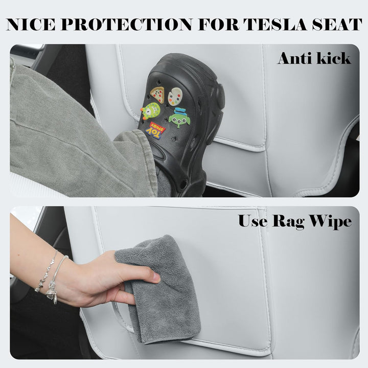 Seat Back Kick Protector for Tesla Model Y Model 3 Model S Model X Leather Backseat Mats for Kids Wear-Resistant Back Seat Cover with Extra Organizer Pocket 2 PCS -White