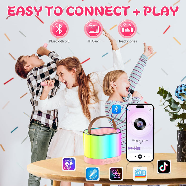 Mini Karaoke Machine with 2 Wireless Microphones for Kids Adults, 2025 Popular Portable Bluetooth Speaker Gift for Girls Toys 4, 5, 6, 7, 8, 10, 12+ Years Old Teens Birthday (Pink 2 Mics)