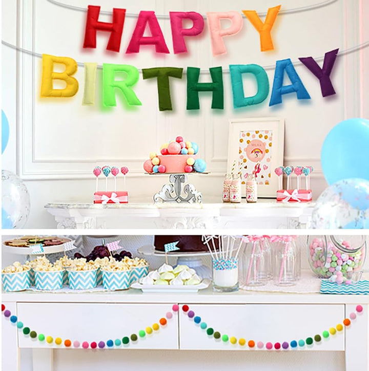 Pre-Strung Happy Birthday Banner - Felt Ball Garland HAPPY BIRTHDAY Pennant, Multicolor Bunting String Triangle Flags Bulk Rainbow Bunting