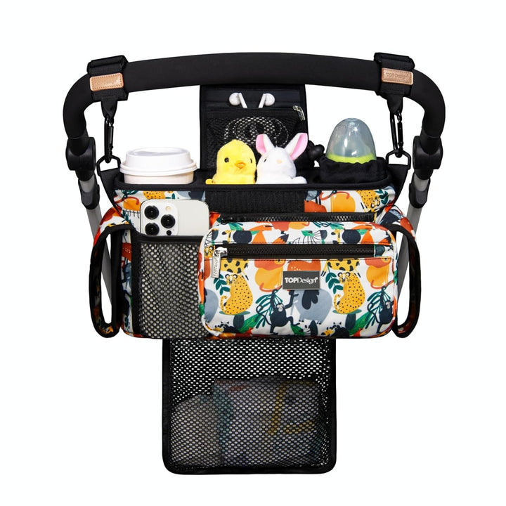 Universal Baby Stroller Organizer, Stroller Caddy with Detachable Mesh Bag & Heightened Insulated Cup Holders & Non-Slip Secure Hooks Accessories, Fits Most Strollers (Checkerboard)