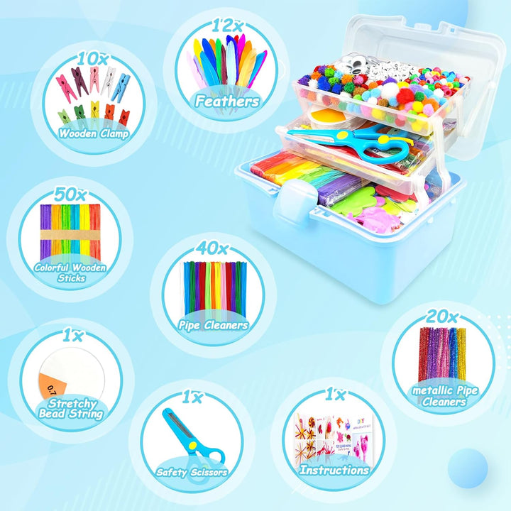 3000 Arts and Crafts Supplies for Kids Craft Kit Craft Box with Pipe Cleaners Arts and Crafts for Kids Age 4-6, 6-8, 8-12 DIY School Supplies Materials Set Toys Gifts for Girls Boys Toddlers, Blue