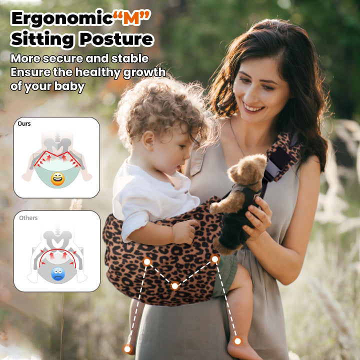 Baby Sling Carrier Adjustable Baby Sling 2025 Upgraded Toddler Sling Comfortable Baby Wrap Carriers Ergonomic-Designed, Travel Friendly Carrying 10-45 Lbsleopard