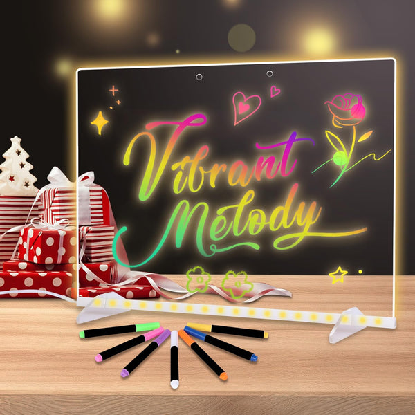 LED Note Board with Colors, 13.7"X10" 4 Modes & 7 Colors Acrylic Dry Erase Board with Light, Include Adapter, Hanging Chain, Led Drawing Board for Kids with Stand, 12 Markers, Spray Bottle ﻿