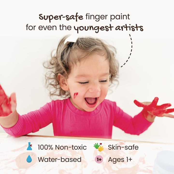 Non Toxic Finger Paint (6 Bright Colors), Washable from Skin, Safe Finger Painting for Toddlers, Kids Ages 1-3, 2-4, 3-5, Perfect First Paint for Little Artists Age 1+, Water Based, Eco