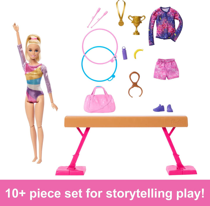 Careers Playset, Gymnastics Set with Blonde Gymnast Fashion Doll, C-Clip for Flipping Action, Balance Beam, Warm-Up Suit & Accessories