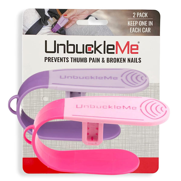 Car Seat Buckle Release Tool (As Seen on Shark Tank) - Easy Opener Aid for Arthritis, Long Nails, Older Kids - Button Pusher for Infant, Toddler Car Seats (2 Pack, Pink & Purple)
