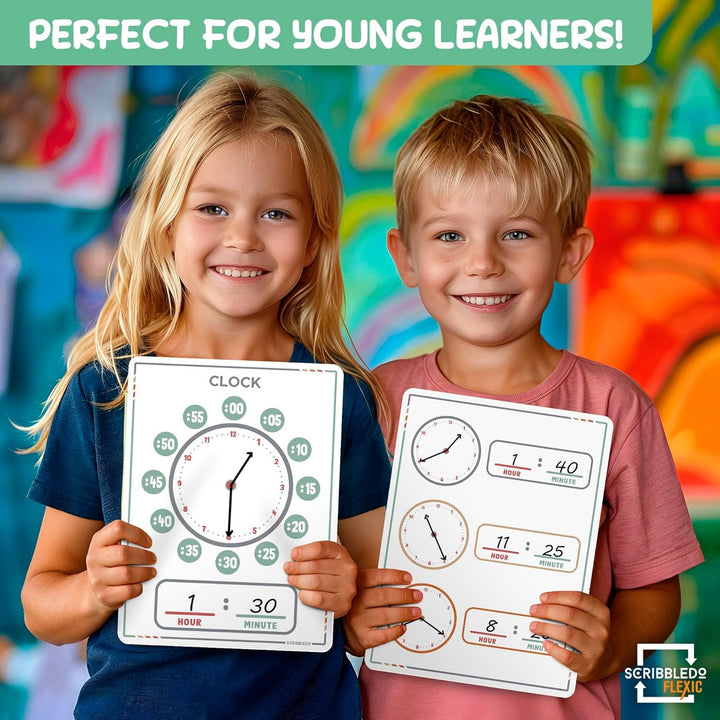 10 Pack Telling Time Teaching Sheets - 9'X12' Dry Erase Learning Clocks for Kids Homeschooling Supplies