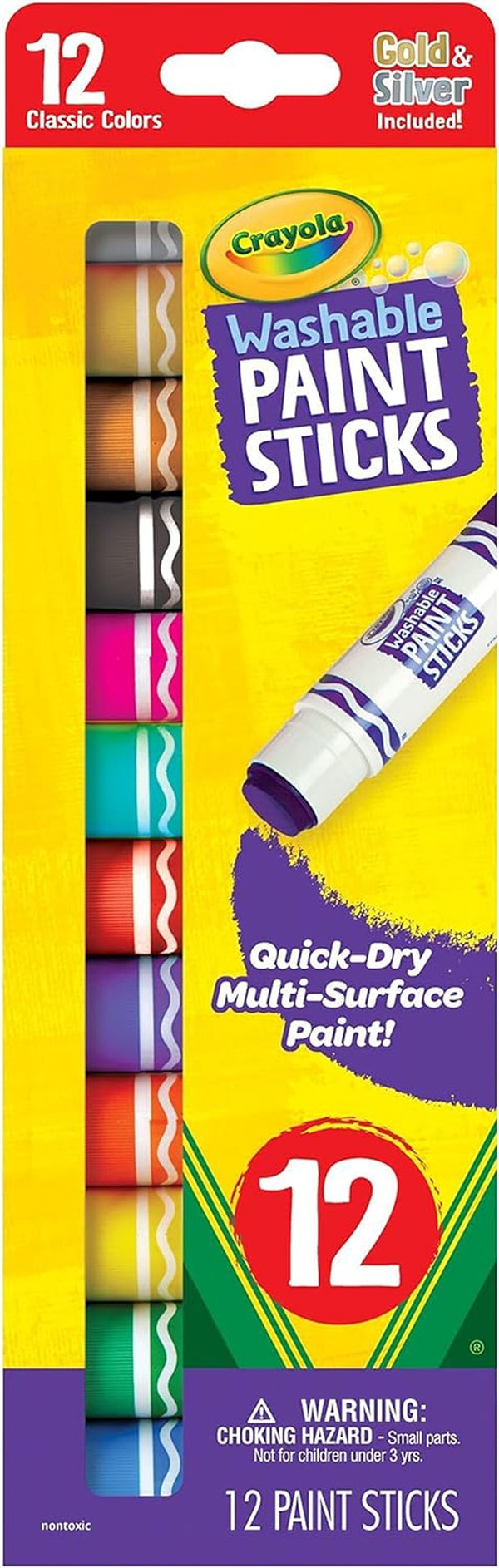 Quick Dry Paint Sticks (12Ct), Washable Paint Set for Kids, Arts & Crafts Supplies, Multi-Surface, Assorted Colors, Kids Gifts