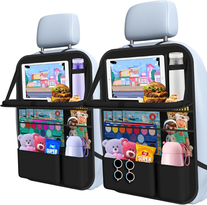 Car Backseat Organizer with Table Tray(2-Pack) 9 Storage Pockets Backseat Car Organizer and Storage with Tablet Holder, Kick Mats Back Seat Cover for Kids Family Road Trip Essentials Travel