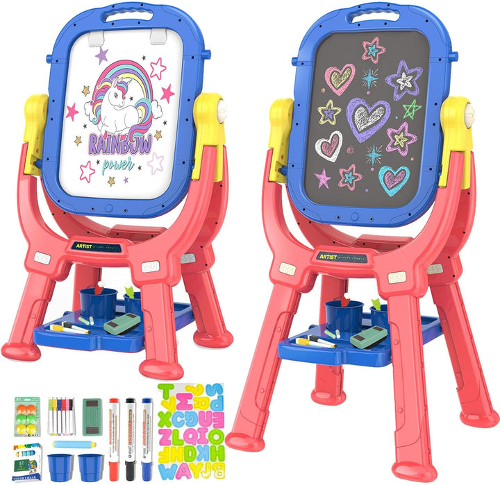 Easel for Kids, Rotatable Double Sided Adjustable Standing Art Easel with Drawing & Writing Accessories for Kids Boys and Girls (Red Blue)
