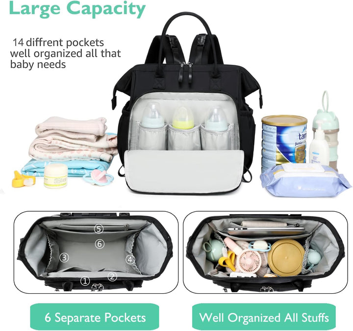 Convertible Diaper Bag Tote, Wide Open Top 14 Pockets Nappy Backpack with Stroller Buckle, Water-Resistant (Black)