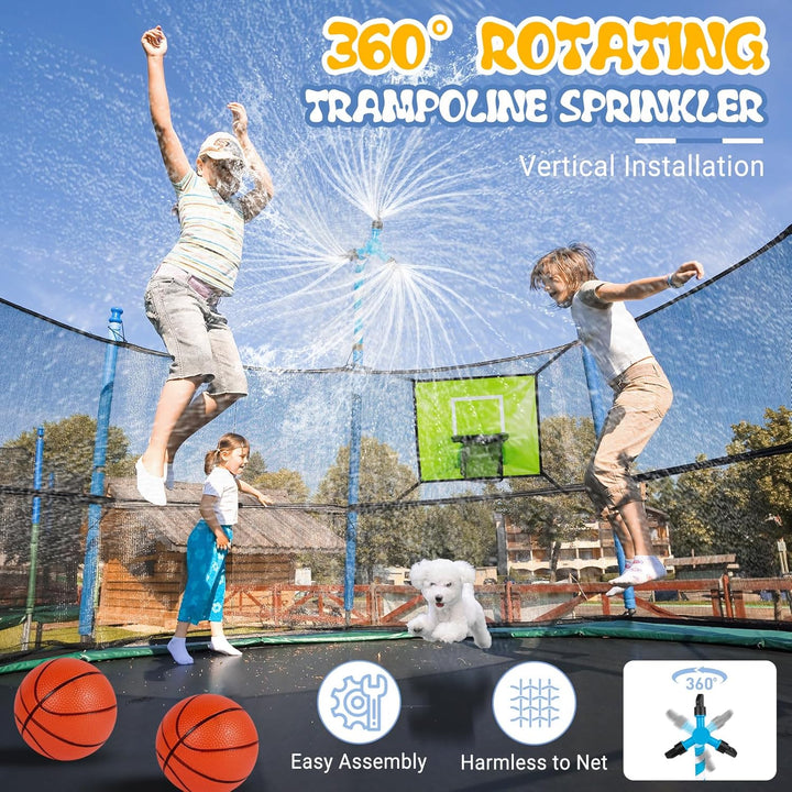 Trampoline Accessories Kit Kids, Trampolin Sprinkler/Basketball Hoop/50Ft Solar Lights, Fits 8 10 12 14 15 16FT Trampoline Outdoor with 3 Mini Basketballs, Non-Damaging to Net, Features 8 Light Modes
