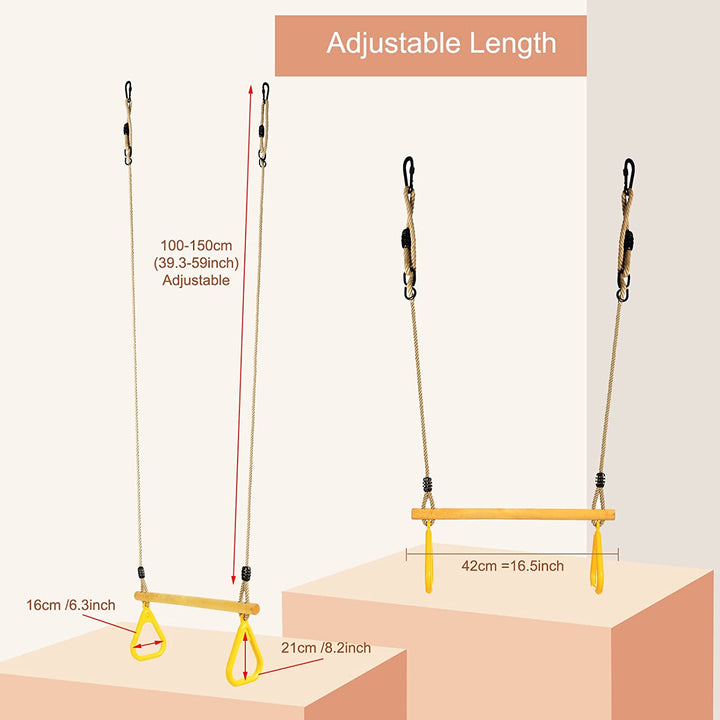 Wooden Trapeze with Plastic Gym Rings Trapeze Swing Bar with Adjustable Rope for Indoor Playground 2 in 1 Swing Set Yellow