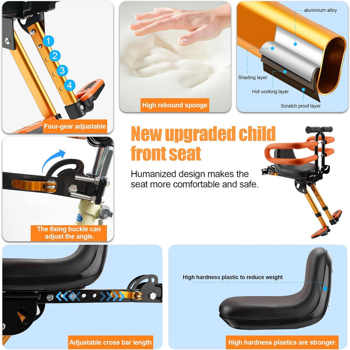 Kids Bike Seat with Handlebar Attachment, Detachable Front Mounted Child Bicycle Seats with Foot Pedals for Children 2~5 Years, Compatible with All Adult Mountain Bikes (Handle+Seat)