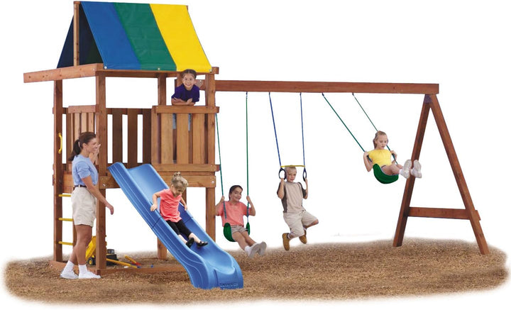 NE 4476 Wrangler Deluxe Play Set Hardware Kit with Slide (Wood Not Included), Blue Slide Yellow