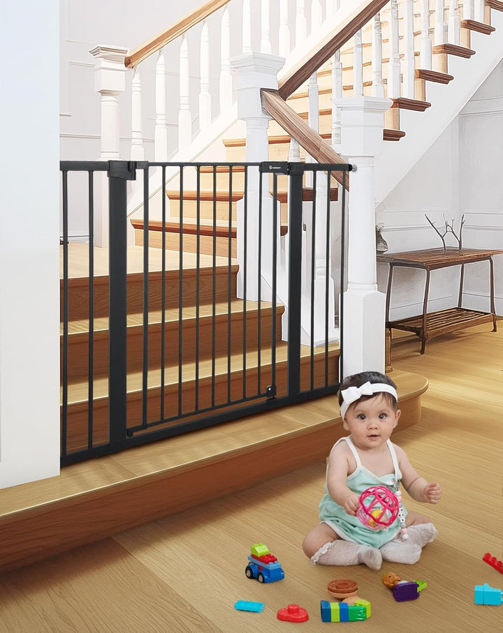 36" Extra Tall Baby Gate for Stairs and Doorways - Fits 29.5" to 48.8" Wide Openings, Auto Close Extra Wide Dog Gate for House, Pressure Mounted Easy Walk through Pet with Door, Black