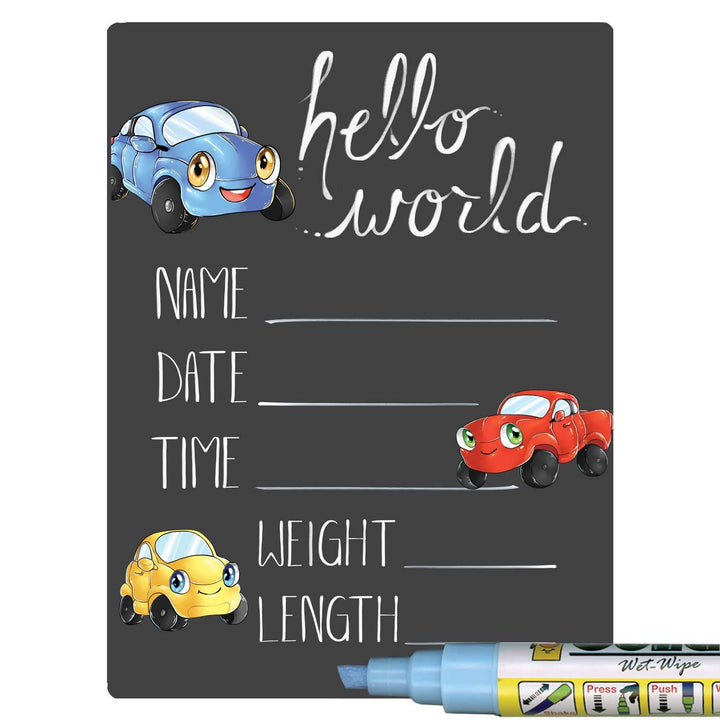 Hello World Newborn Baby Announcement Chalkboard Sign with Automobile Theme, 12 by 16 Inches, No Marker