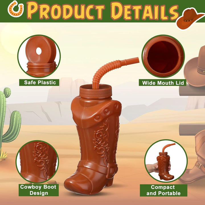 12 Pcs 10 Oz Plastic Cowboy Boot Cups with Straws and Lids Plastic Cowboy Cups for Western Themed Party Supplies and Rodeo Party Decorations (Brown)