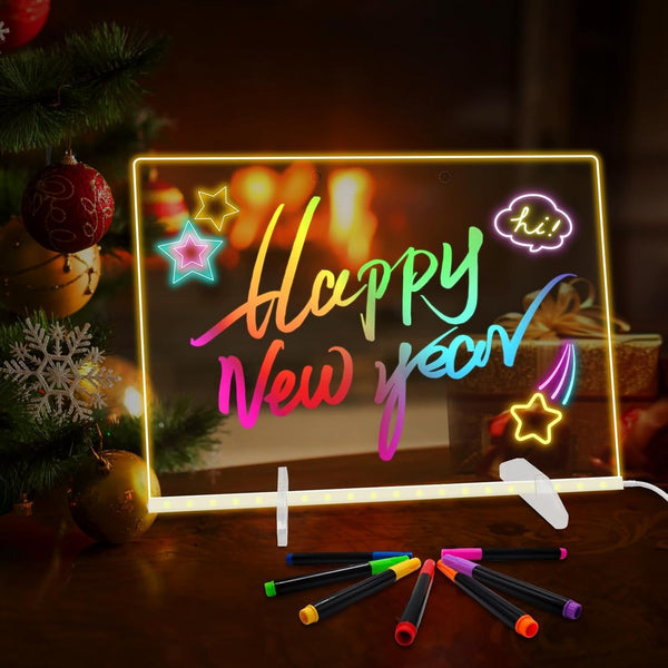 Acrylic Dry Erase Board with Light,Led Note Board with Colors 13.8"X10" 4 Modes & 7 Colors Rewritable LED Acrylic Drawing Board Forkids School Home Office Include 7 Pens,Clear Stand,Spray Bottle
