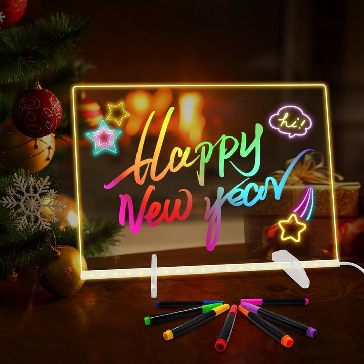 Acrylic Dry Erase Board with Light,Led Note Board with Colors 13.8"X10" 4 Modes & 7 Colors Rewritable LED Acrylic Drawing Board Forkids School Home Office Include 7 Pens,Clear Stand,Spray Bottle