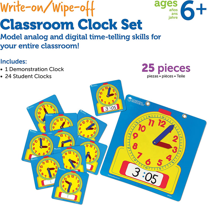Write & Wipe Clocks Classroom Set - 25 Pieces, Ages 6+ Laminated Dry-Erase, Teaching Aids, Teacher Supplies, Learning Time,Back to School Supplies