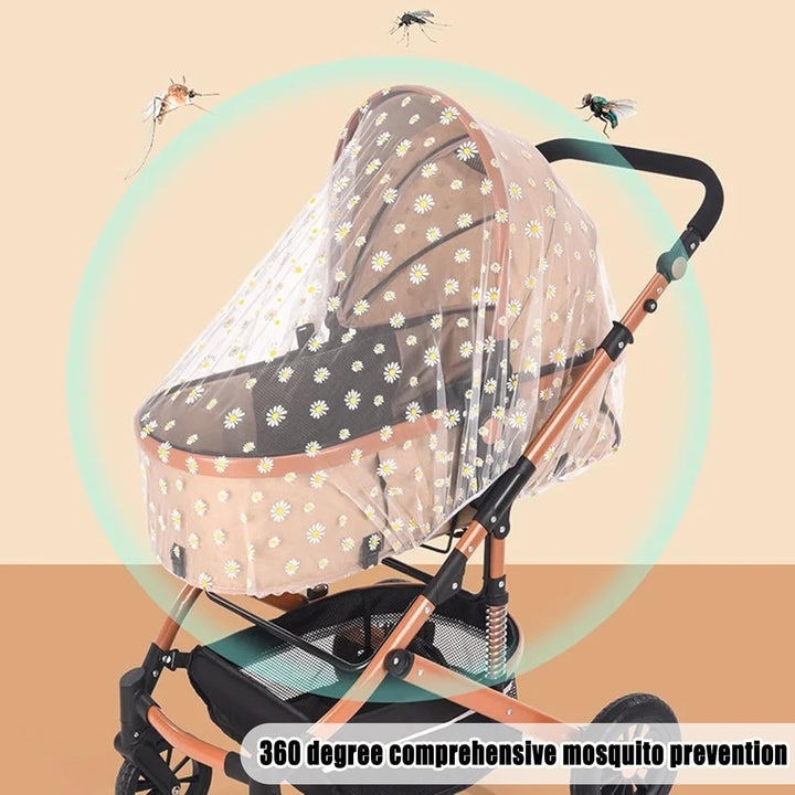 Mosquito Net for Baby Pram, Daisy Print Stroller Netting Cover - Perfect Bug Net for Strollers, Bassinets, Mini Crib, Cradles and Playards (White Daisy)
