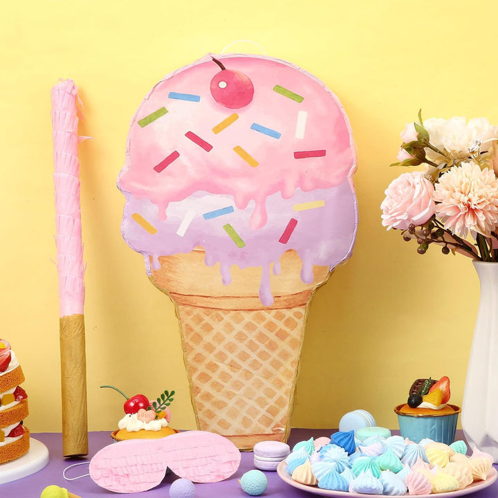 Pink Ice Cream Piñata Cute Dessert Cone Shaped Piñata with Stick Blindfold for Ice Cream Candy Birthday Party Summer Baby Shower Wedding Party Supplies Decor, 15.8 X 9.5 Inch