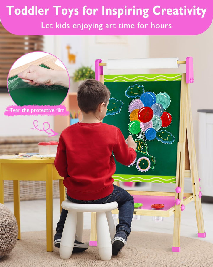 Easel for Kids,Wooden Toddler Art Easel,Kid Toys for Ages 5-7 8-13,3 4 5 6 7 8 9 Year Old Boy Girl Birthday Gifts,Double-Sided Magnetic Dry Erase Whiteboard and Chalk Board with Art Supplie Paper Roll