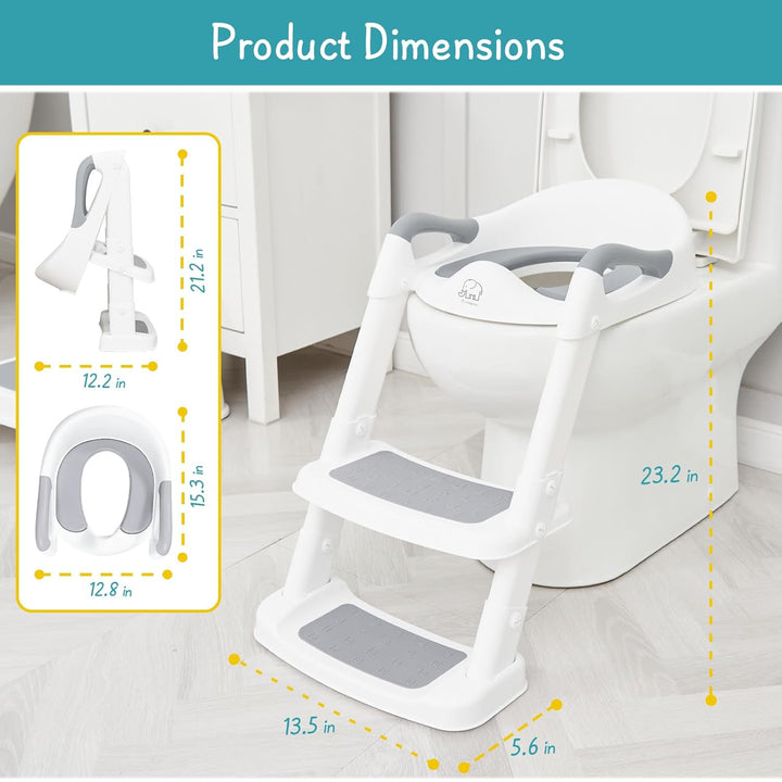 Potty Training Toilet Seat with Step Stool Ladder, Toddler Kids Potty Seat for Boys Girls, Non Slip Foldable Toilet Training Seat with Soft Cushion, Comfortable Handles (White-Grey)