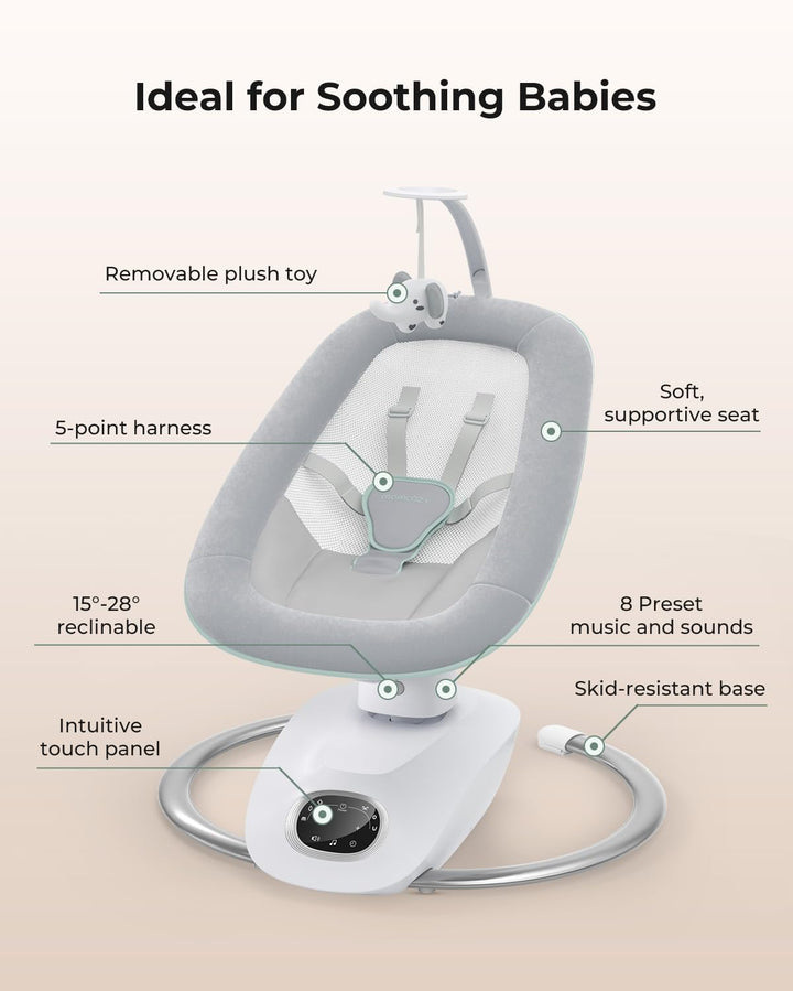 Cocosway 3D-Motion Baby Swing for Infants to Toddlers, 6 Motion Modes & 4 Speeds, 180° Rotating Seat, Remote Control, Reclining Seat with 5-Point Harness, 8 Preset Lullabies, Grey