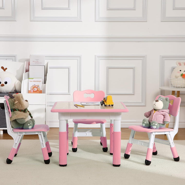 Modern Kids Table and 4 Chair Set,23" Height Adjustable Toddler Table and 4 Chairs with Non-Slip Desk Legs&Organizer Graffiti Desktop,Multi-Function Tables for Kindergarten/Living Room(Pink