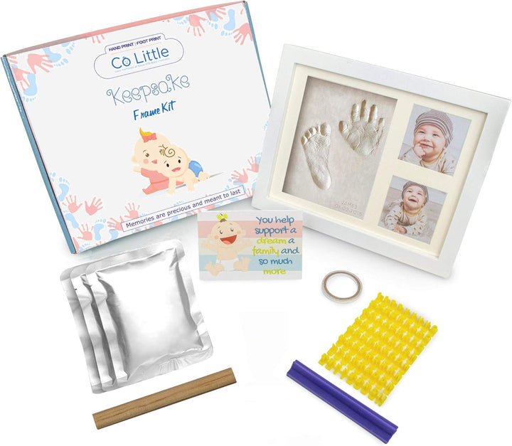 Baby Handprint & Footprint Kit (Date & Name Stamp) Clay Hand Print Picture Frame for Newborn - Best New Mom Gift - Foot Impression Photo Keepsake for Girl & Boy - White Feet Imprint Mold