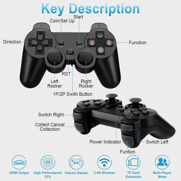 Wireless Retro Game Console Stick, Upgrade Retro Video Gaming Stick Built in 20000+ Games with 9 Emulators,4K HDMI Output with 2 Pack 2.4G Wireless Controllers，Game Emulator Console 2025（64GB）