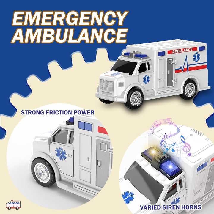 4 Packs Fire Truck Toy, Ambulance, Police Car, and Helicopter, Emergency Vehicle Truck Toy Set with Lights and Sounds, Friction Powered Car Toy for Toddler Boys 3 4 5 6 Years Old