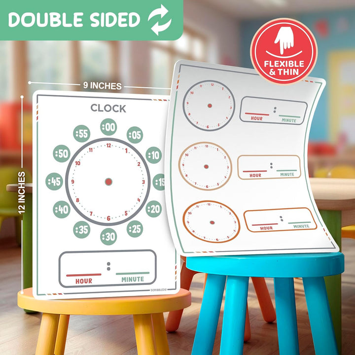 10 Pack Telling Time Teaching Sheets - 9'X12' Dry Erase Learning Clocks for Kids Homeschooling Supplies