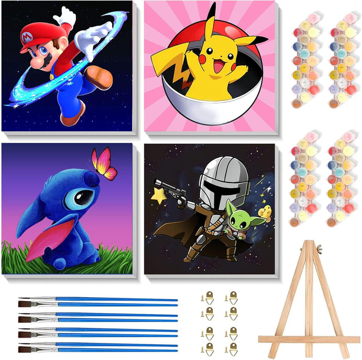 4 Pack Cartoon Paint by Number for Kids with Wooden Frame-Paint by Numbers for Kids Ages 4-8-12, DIY Paints with Numbers Easy Acrylic Oil Painting Kits for Home Wall Decor (8X8Inch)
