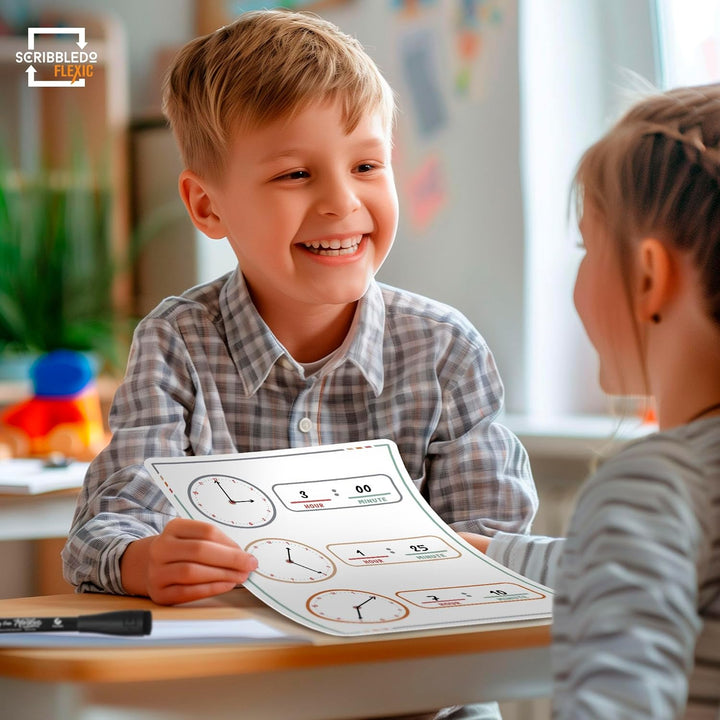 10 Pack Telling Time Teaching Sheets - 9'X12' Dry Erase Learning Clocks for Kids Homeschooling Supplies