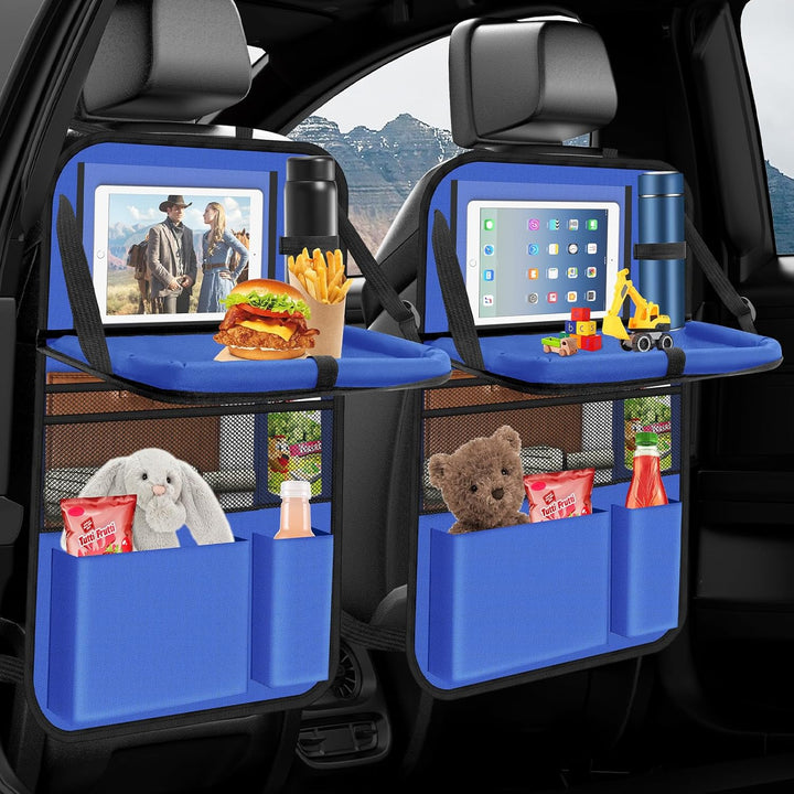 Car Backseat Organizer with Table Tray(2-Pack) 9 Storage Pockets Backseat Car Organizer and Storage with Tablet Holder, Kick Mats Back Seat Cover for Kids Family Road Trip Essentials Travel