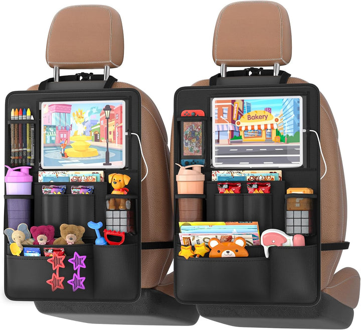 Car Backseat Organizer with Table Tray(2-Pack) 9 Storage Pockets Backseat Car Organizer and Storage with Tablet Holder, Kick Mats Back Seat Cover for Kids Family Road Trip Essentials Travel